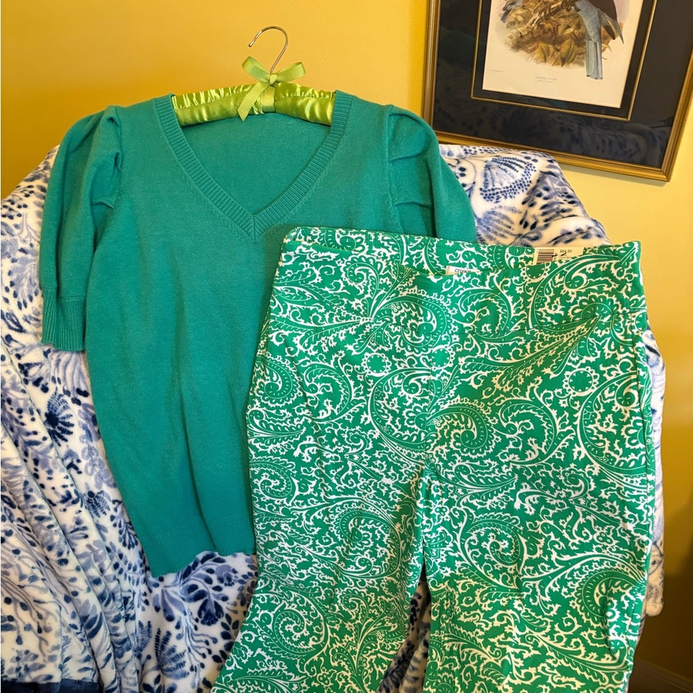 Crown & Ivy Paisley Print Pants, coordinating sweater top (sold as set)
